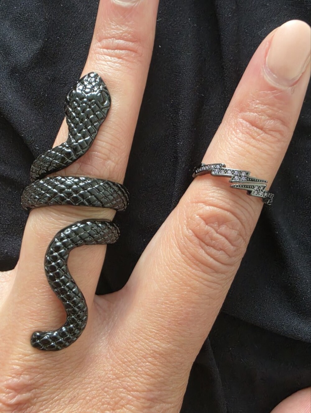 Set Of 2 Rings - Black Snake Wrap Reptile Ring And Lightning Bolt Ring